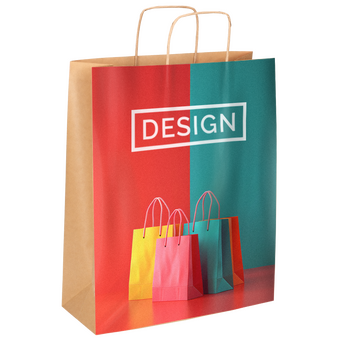 Rundum bedruckte Papiertragetasche mit Papierkordeln, 18 x 22,5 x 9 cm, 4/0-farbig + Weißdruck