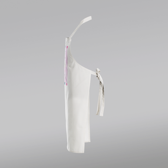 Stoffschürze weiß, farbig bedruckt, stehend, 