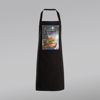 Stoffschuerze schwarz, farbig bedruckt, stehend