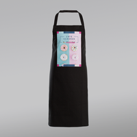 Stoffschuerze schwarz, farbig bedruckt, stehend