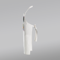 Stoffschuerze weiß, farbig bedruckt, stehend, Seitenansicht