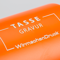 Tasse außen orange, innen WEISS mit einseitiger Lasergravur