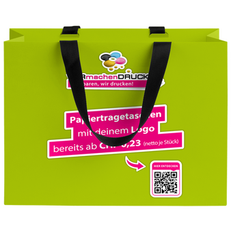 WmD-Imprint-Logo, einseitig farbig bedruckte Papiertragetasche in M mit Schleifenband, 34 x 26,5 x 11 cm, 4/0-farbig