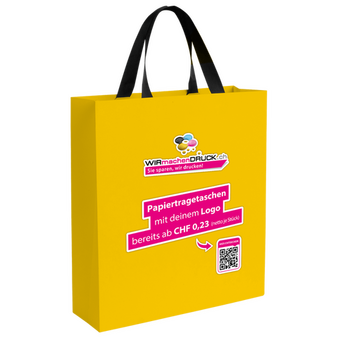 WmD-Imprint-Logo, einseitig farbig bedruckte Papiertragetasche in M mit Schleifenband, 34 x 39 x 11 cm, 4/0-farbig