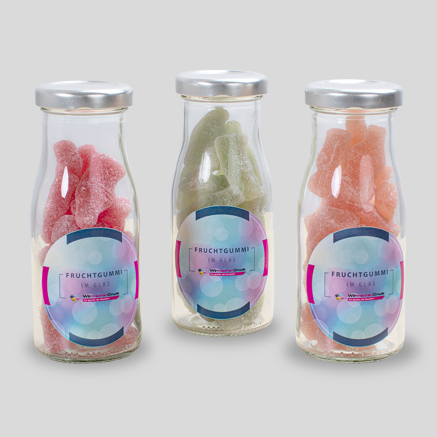 Fruchtgummis in der Glasflasche mit individuellem Label, verschiedene Sorten