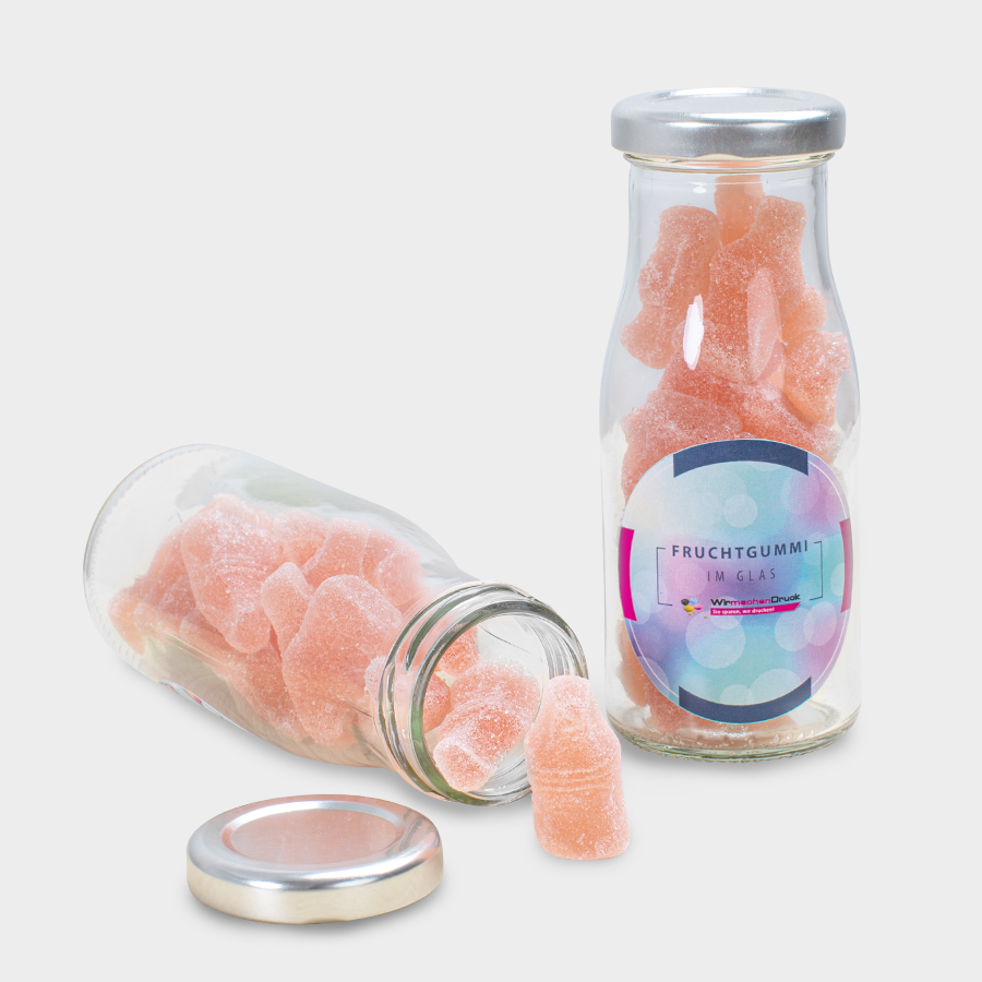 Fruchtgummis in der Glasflasche mit bedrucktem Etikett, Geschmacksrichtung Grapefruitschorle