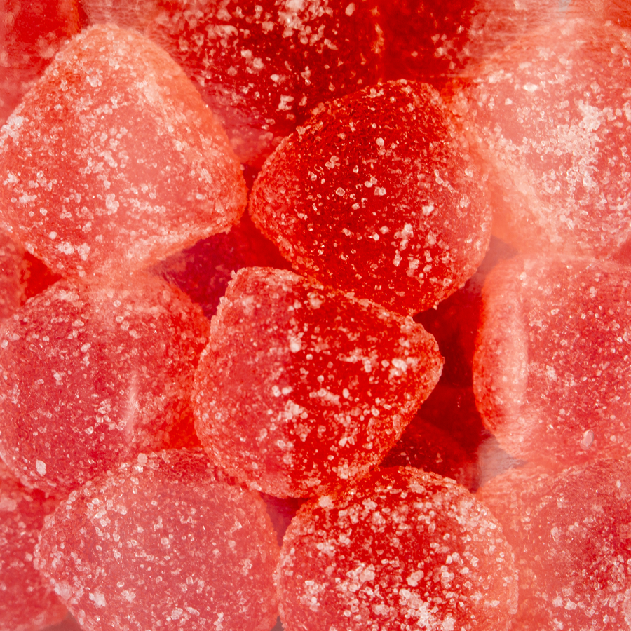 Detailansicht Fruchtsaftbeeren Erdbeere, Fruchtgummis im Glas