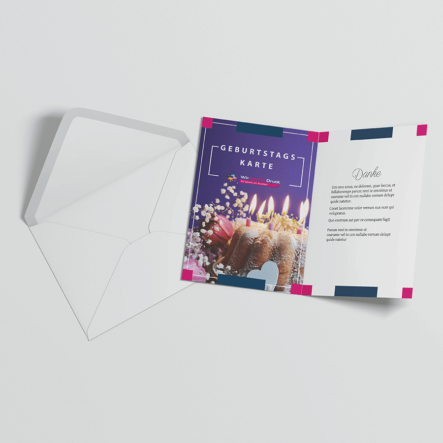 Im Wunschdesign gedruckte Geburtstagskarte in DIN A6 hoch mit Briefumschlag
