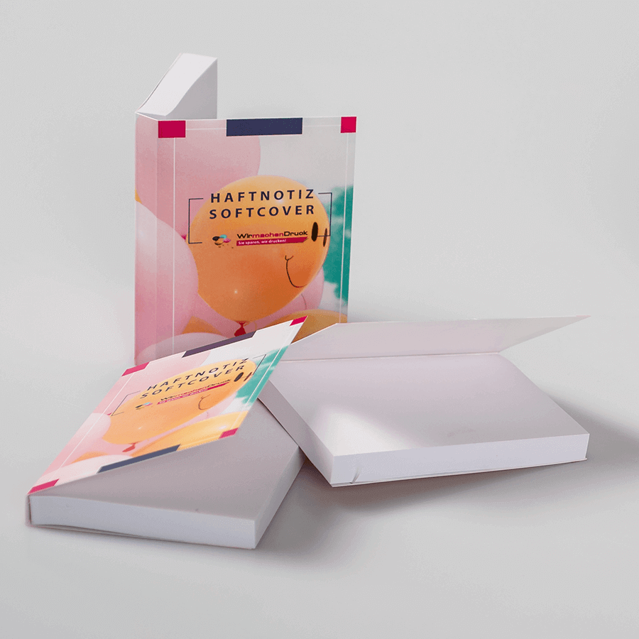 Haftnotizen im vollfarbig bedruckten Softcover-Umschlag, mit unbedruckten Haftzetteln