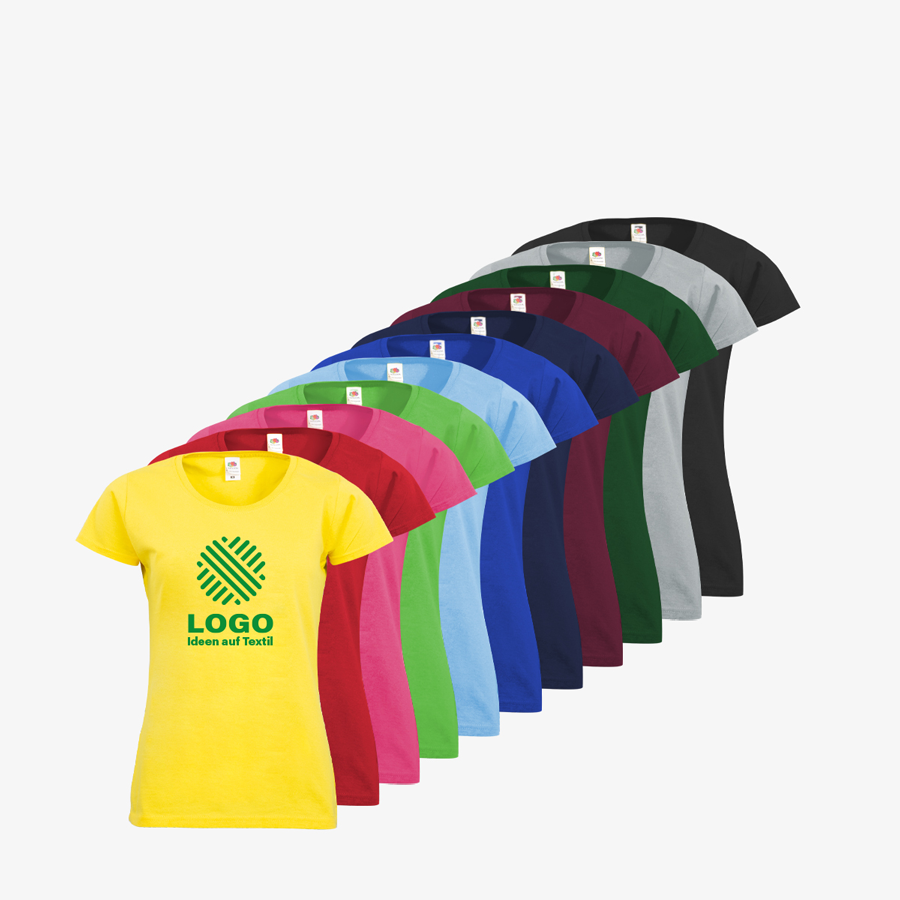 T-Shirts Damen Basic Siebdruck Fruit of the Loom buntes Sortiment einfarbig bedruckt