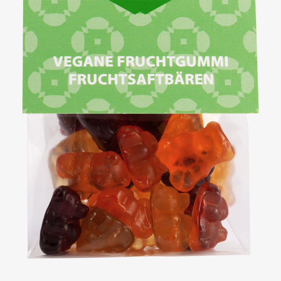 Detailansicht vegane Fruchtgummi-Fruchtsaftbären im Folienbeutel mit Headerkarte